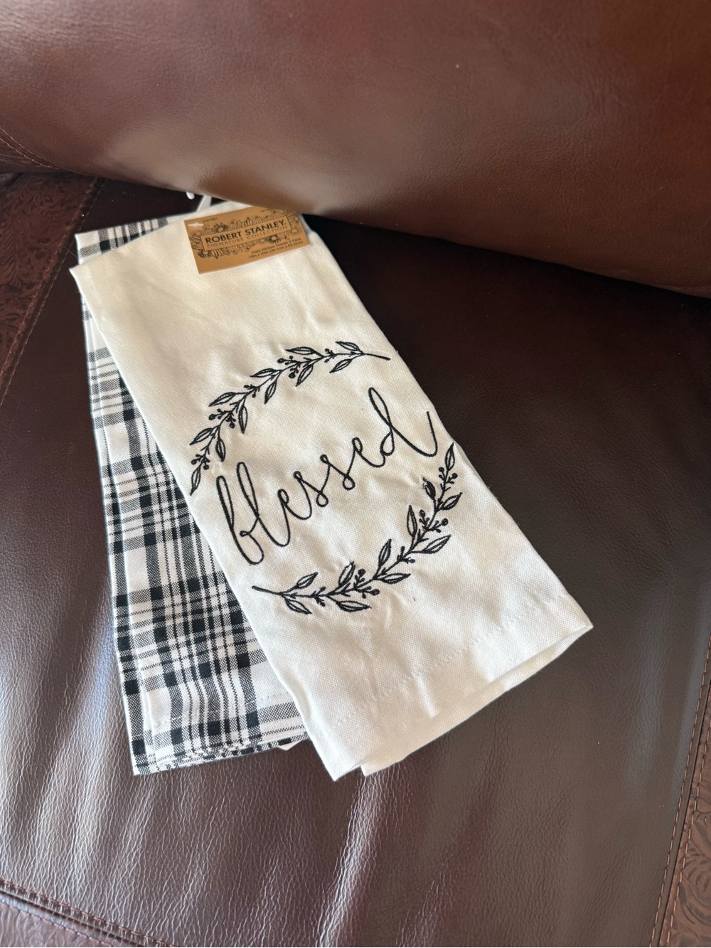Set of 2 NEW dish towels embroidered blessed black and white plaid